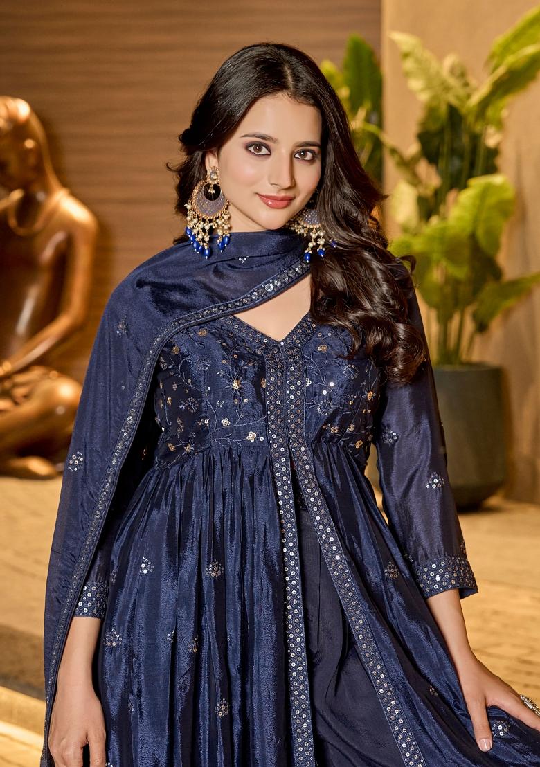 Cream Embroidery Chinon Salwar Kameez - Indya