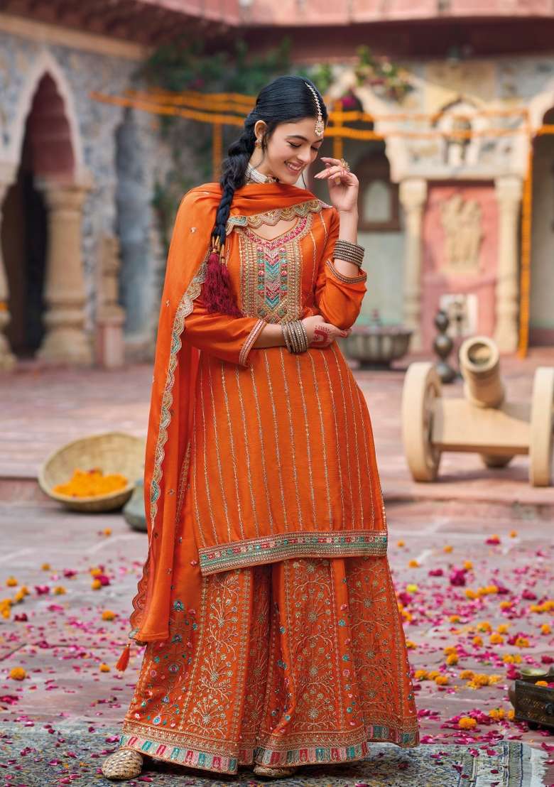 Mustard And Pink Embroidery Chinon Salwar Kameez - Indya