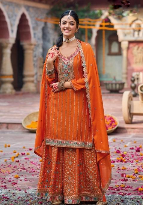 Mustard And Pink Embroidery Chinon Salwar Kameez