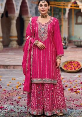 Mustard And Dark Blue Embroidery Chinon Salwar Kameez