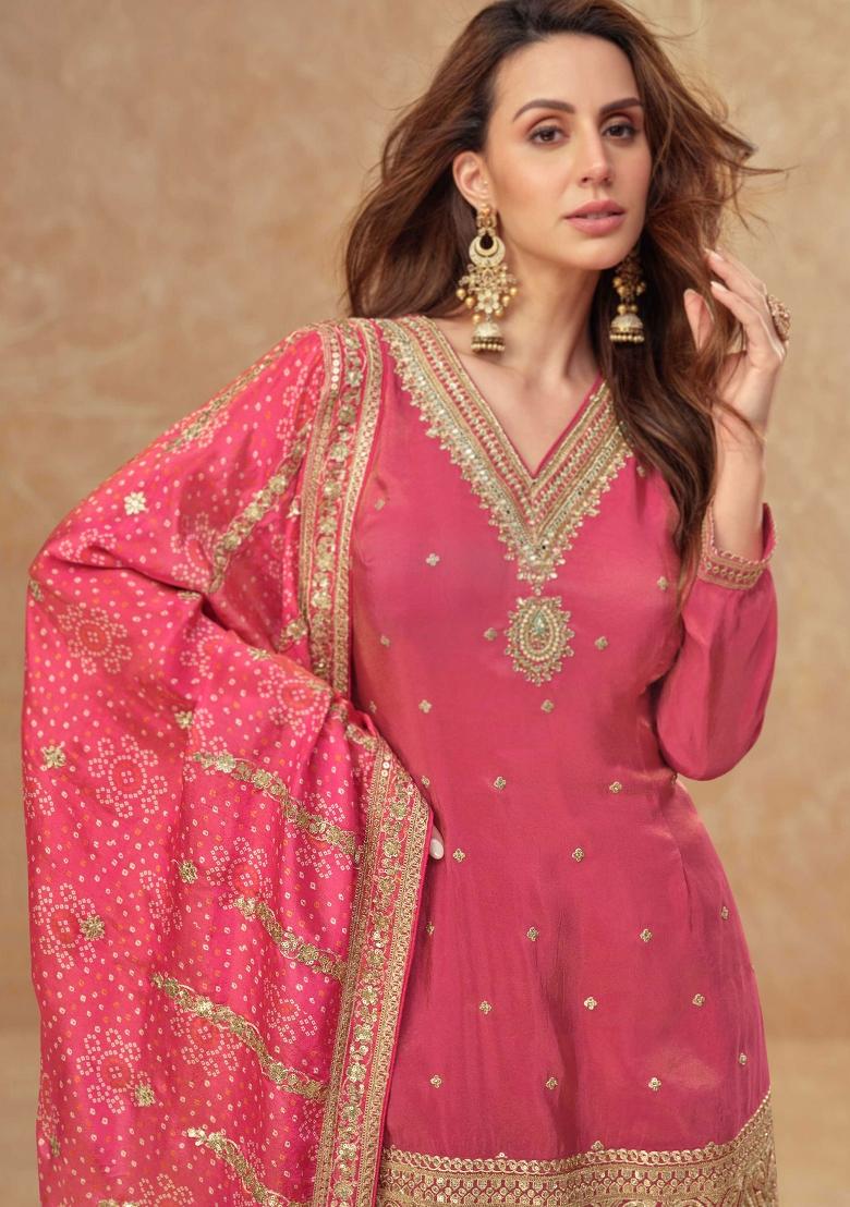 Pink Embroidery Silk Salwar Kameez - Indya