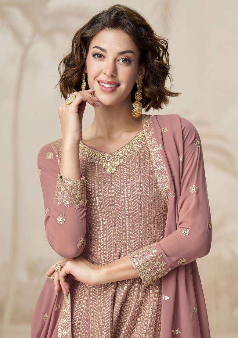 Off White Embroidery Georgette Salwar Kameez - Indya