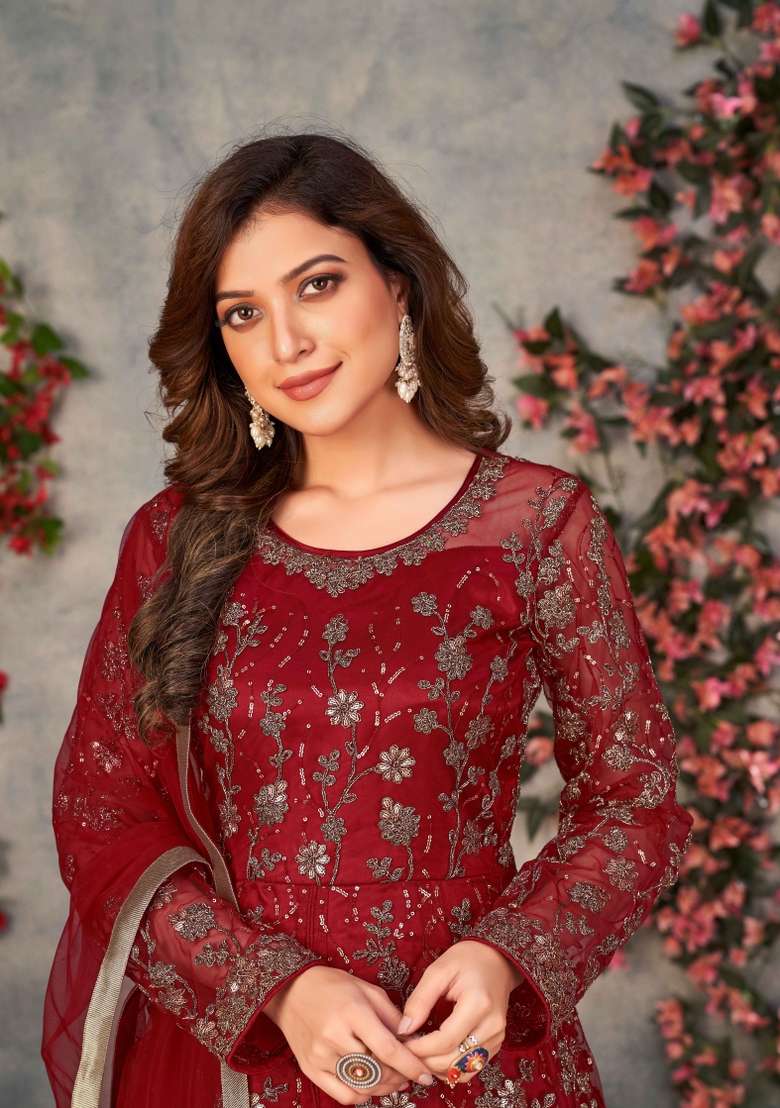 Purple Embroidery Net Salwar Kameez - Indya