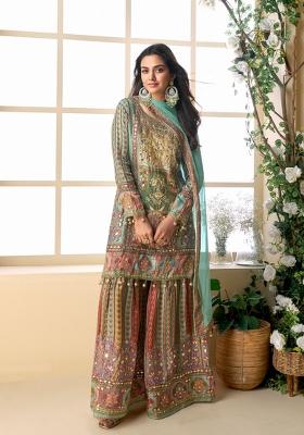 Teal Blue Embroidery Silk Salwar Kameez