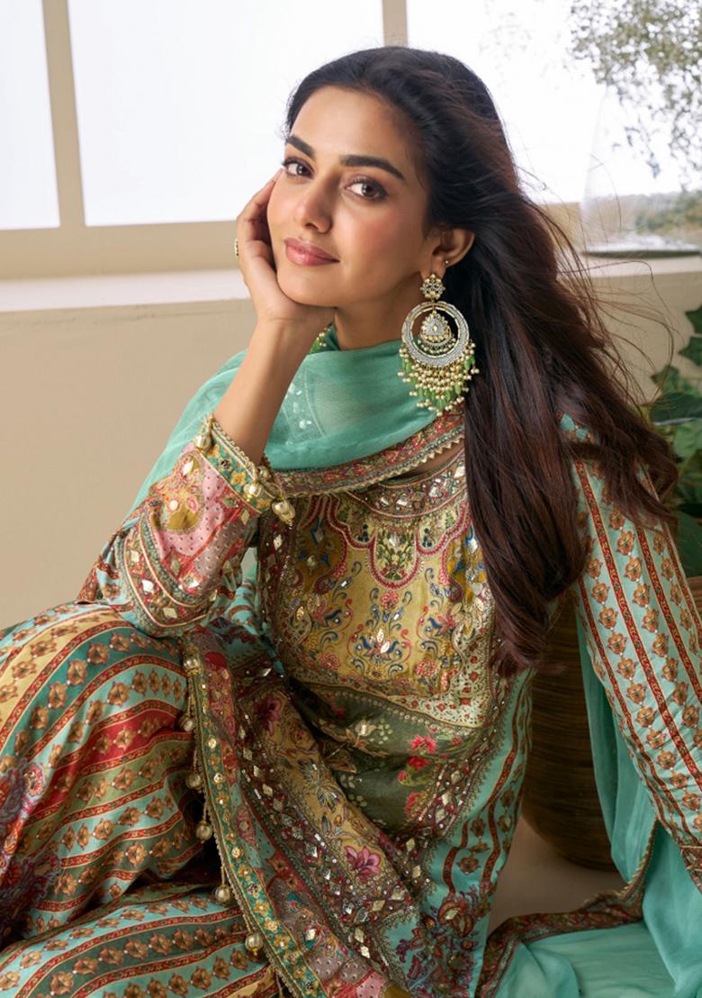 Teal Blue Embroidery Silk Salwar Kameez - Indya