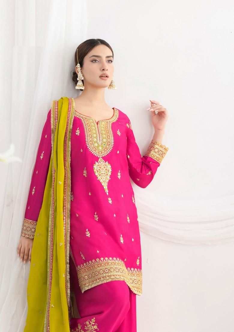 Rani Pink Embroidery Chinon Salwar Kameez - Indya