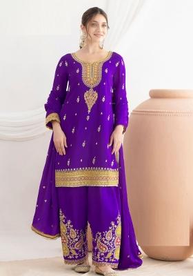 Wine Embroidery Chinon Salwar Kameez