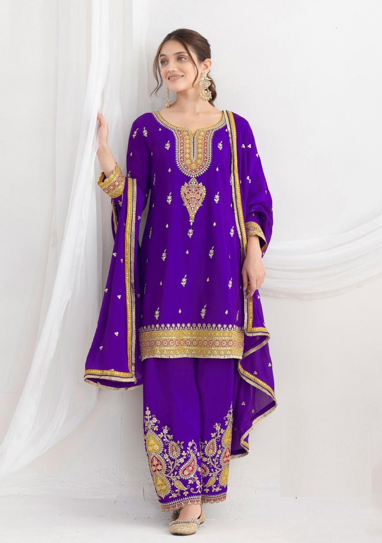 Wine Embroidery Chinon Salwar Kameez - Indya