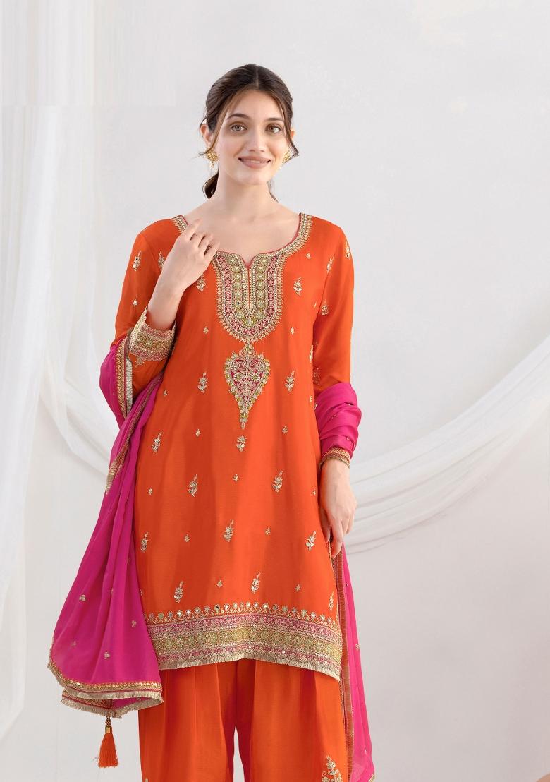 Black Embroidery Chinon Salwar Kameez - Indya