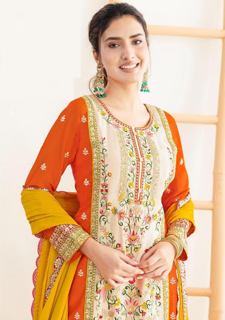 Teal Green Embroidery Chinon Salwar Kameez - Indya