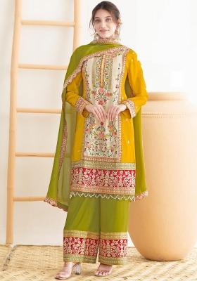 Cream Embroidery Chinon Salwar Kameez
