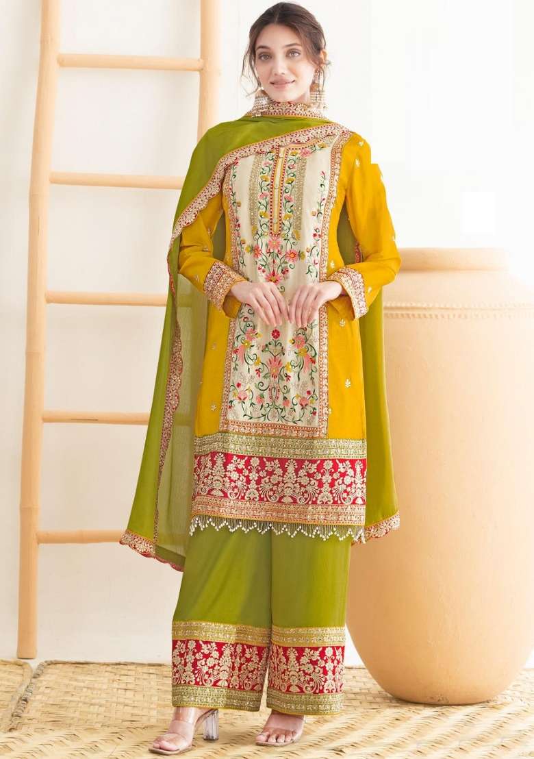Cream Embroidery Chinon Salwar Kameez - Indya