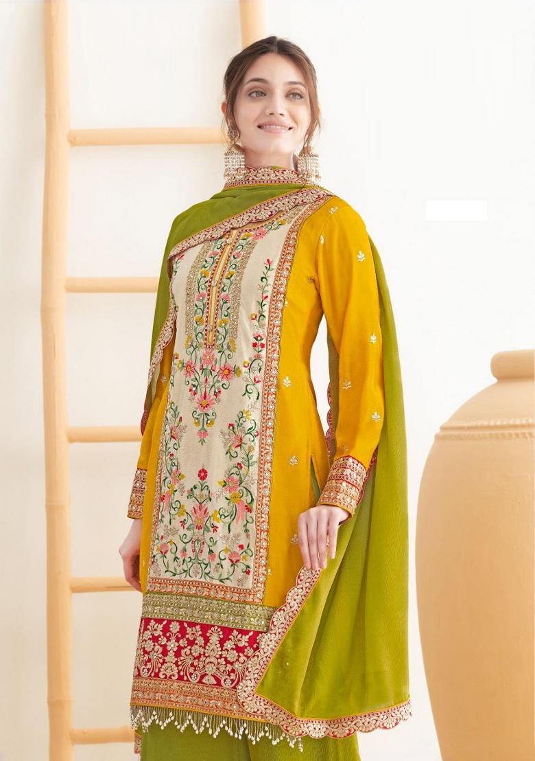 Cream Embroidery Chinon Salwar Kameez - Indya