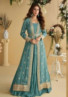 Blue Embroidery Silk Blend Salwar Kameez