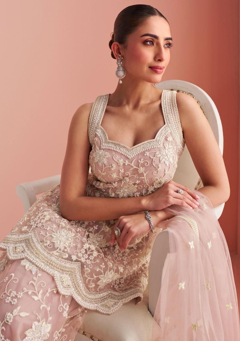 Beige Embroidery Net Salwar Kameez - Indya