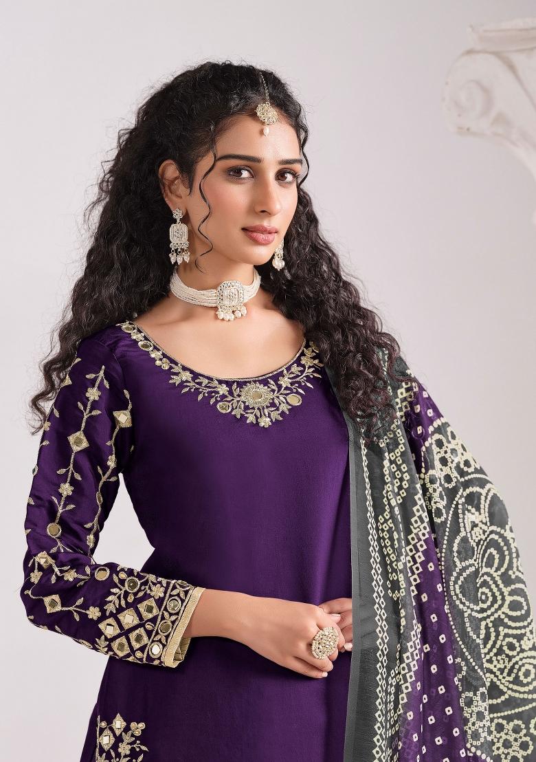 Lavender Embroidery Silk Salwar Kameez - Indya