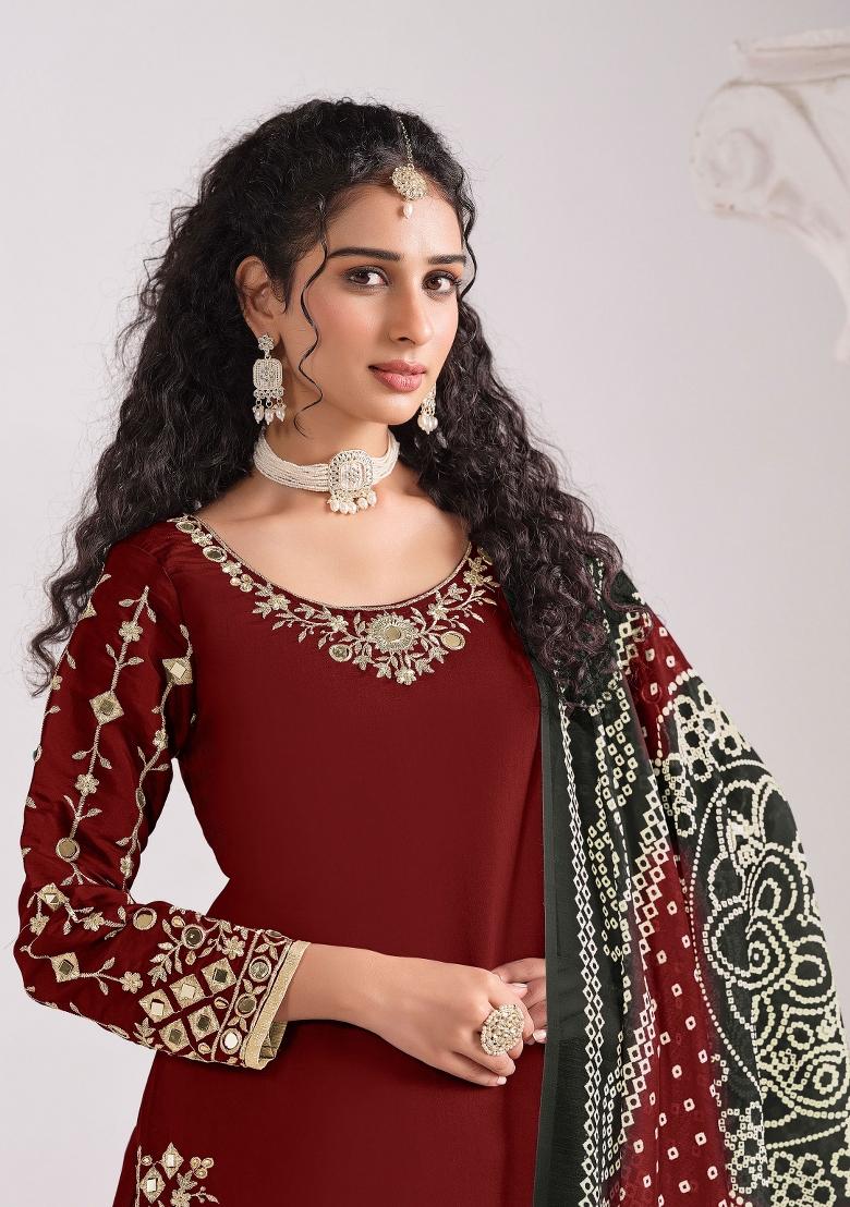 Navy Blue Embroidery Silk Salwar Kameez - Indya