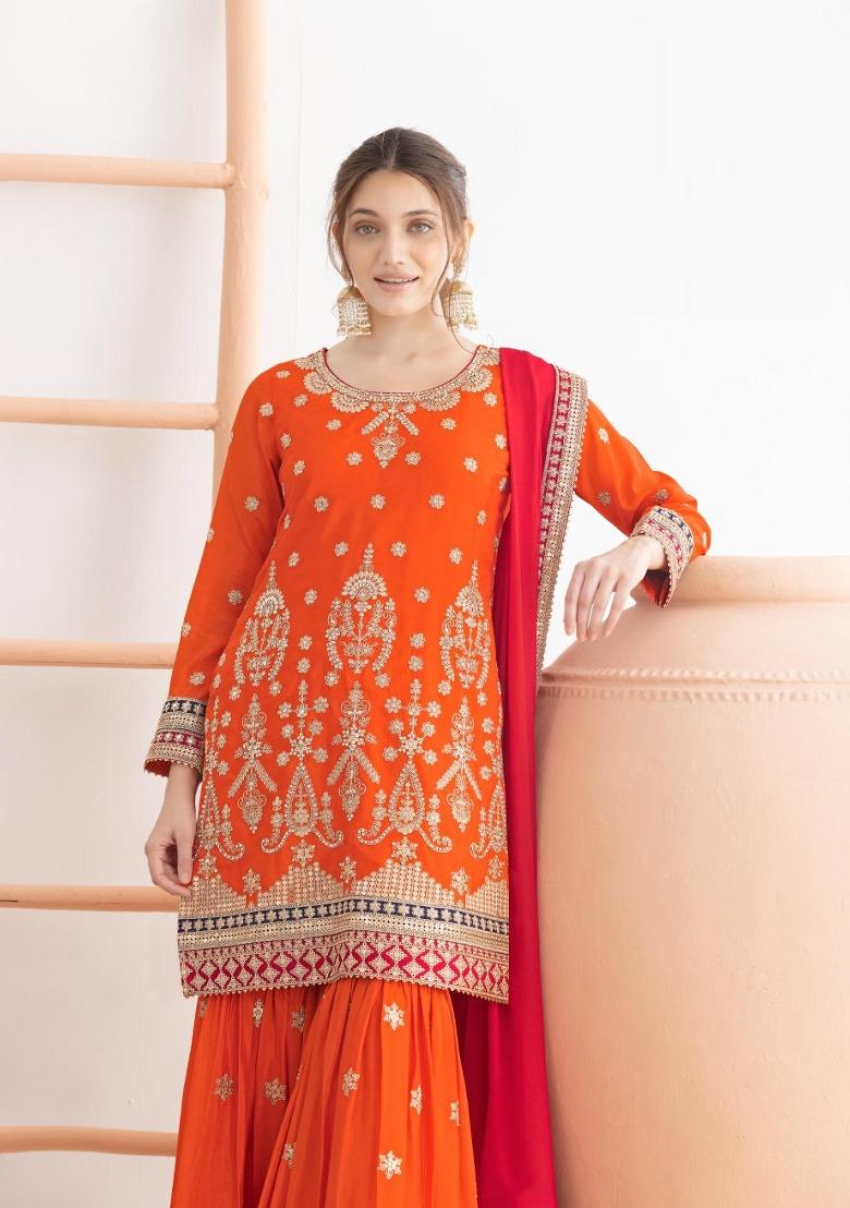 Cream Embroidery Chinon Salwar Kameez - Indya