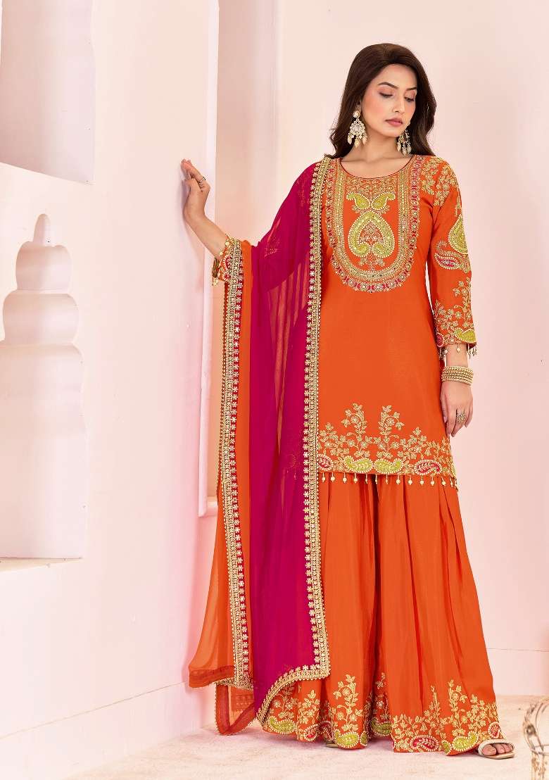 Turquoise Blue Embroidery Chinon Salwar Kameez - Indya
