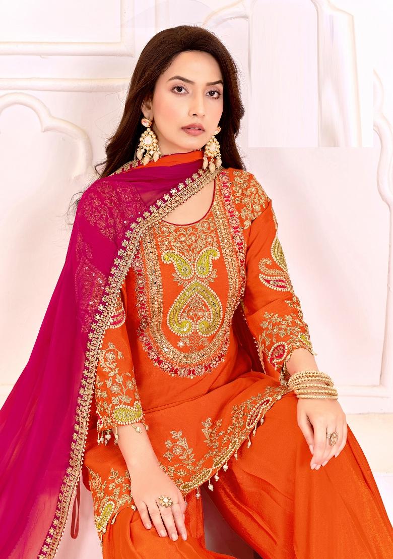 Turquoise Blue Embroidery Chinon Salwar Kameez - Indya