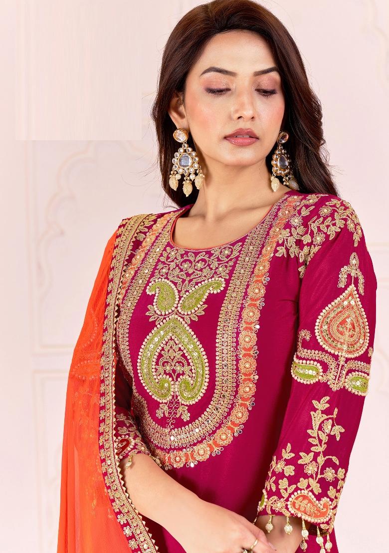 Black Embroidery Chinon Salwar Kameez - Indya