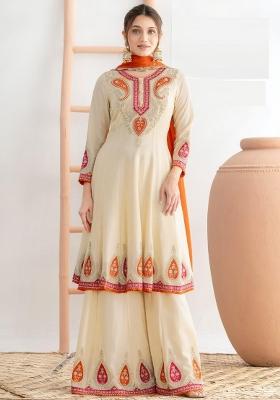 Cream Embroidery Chinon Salwar Kameez