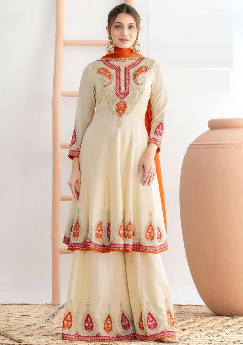 Cream Embroidery Chinon Salwar Kameez - Indya