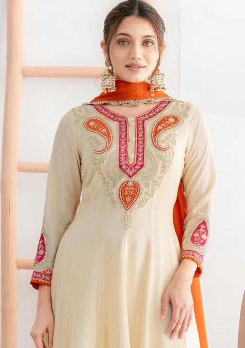 Cream Embroidery Chinon Salwar Kameez - Indya