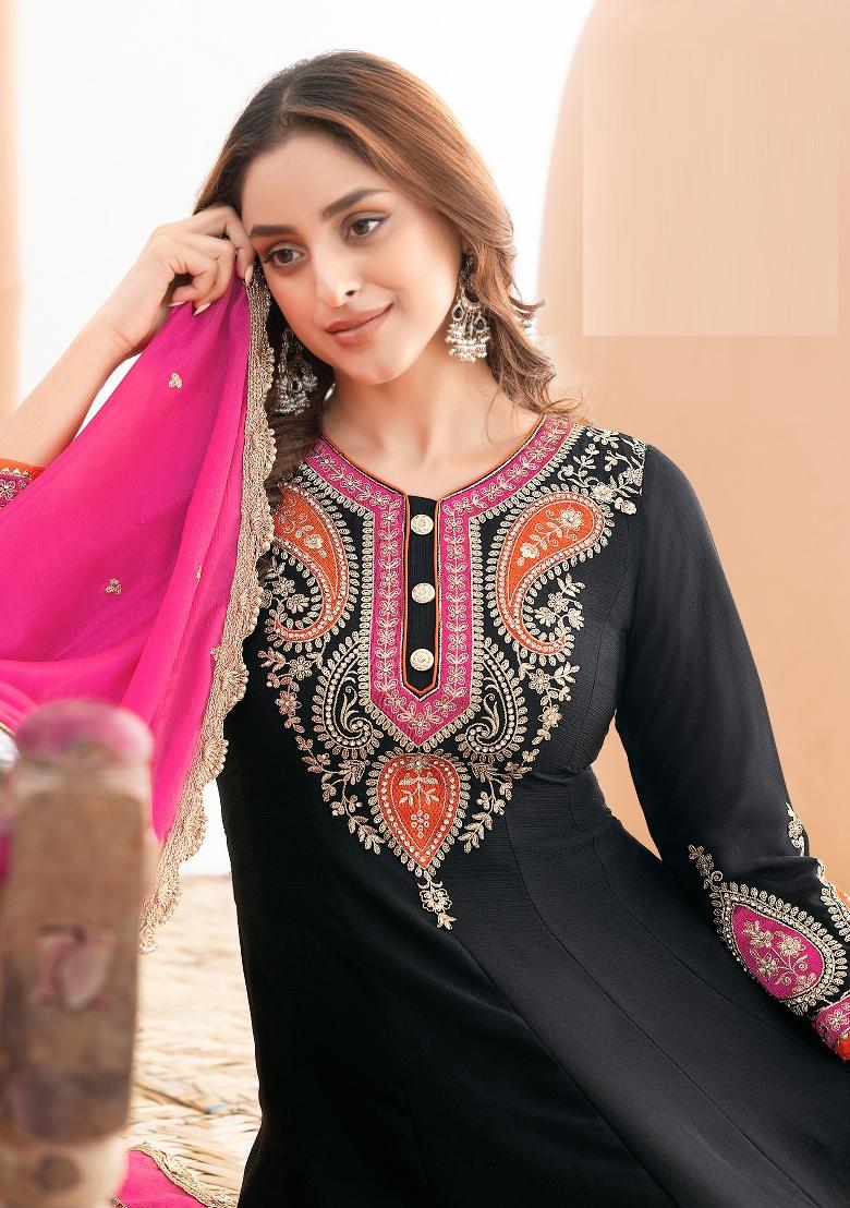 Lime Green Embroidery Chinon Salwar Kameez - Indya