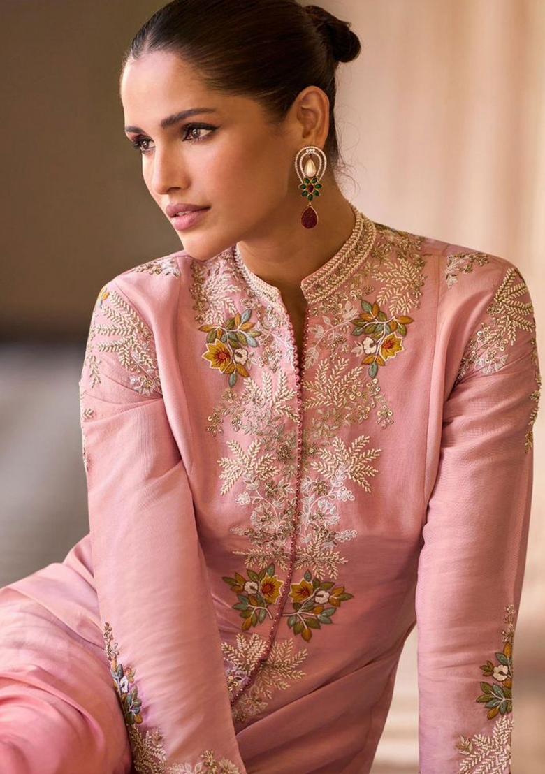 Yellow Embroidery Chinon Kurta Set - Indya