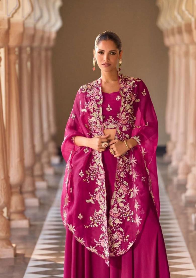 Red Embroidery Chinon Salwar Kameez - Indya