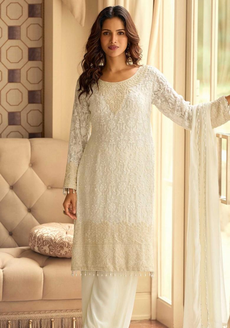 Orange Embroidery Georgette Salwar Kameez - Indya