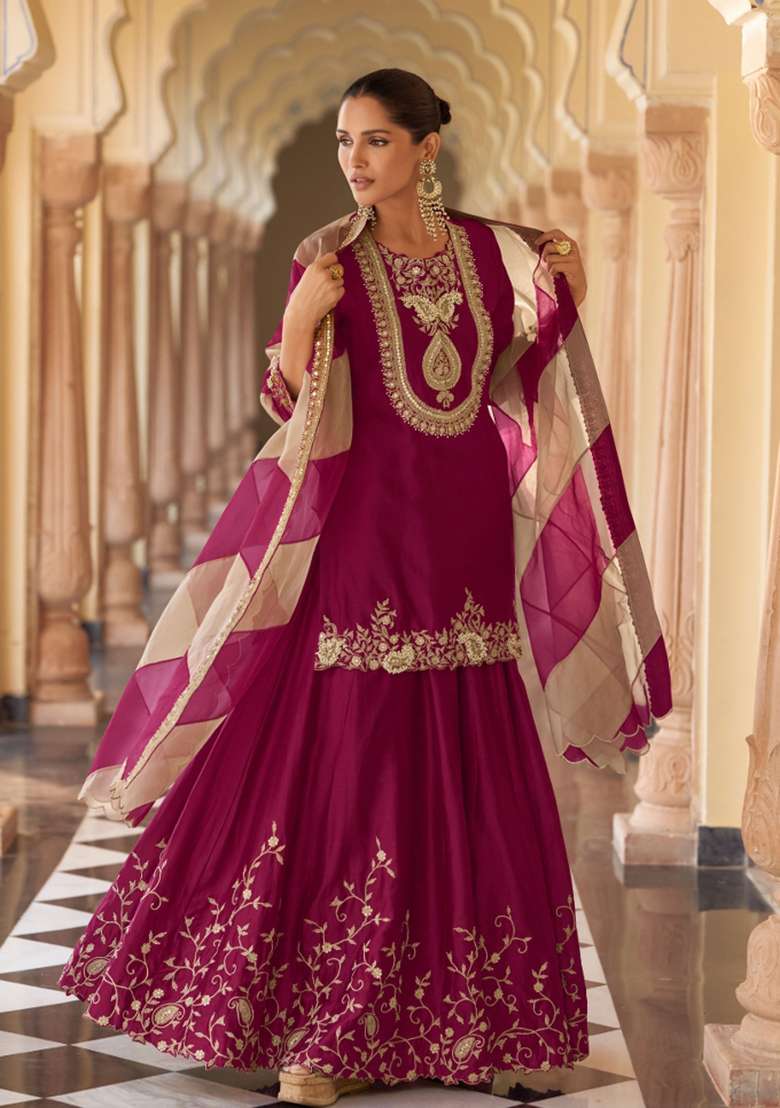 Purple Embroidery Silk Blend Salwar Kameez - Indya