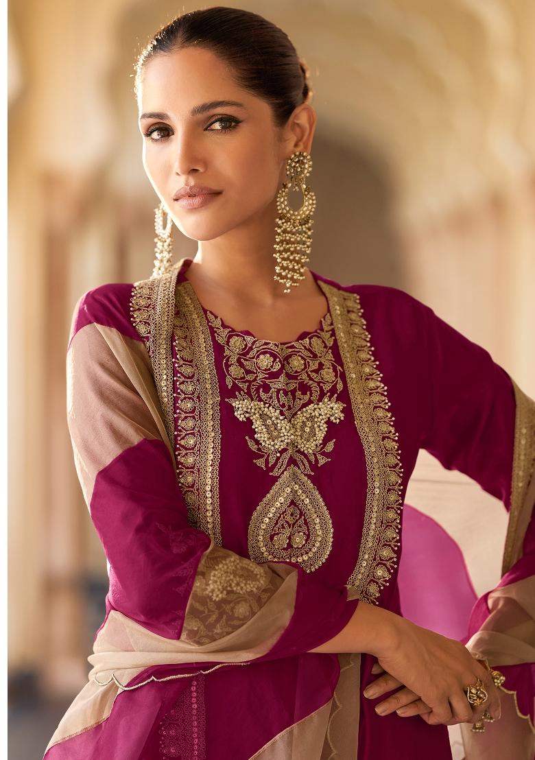 Purple Embroidery Silk Salwar Kameez - Indya