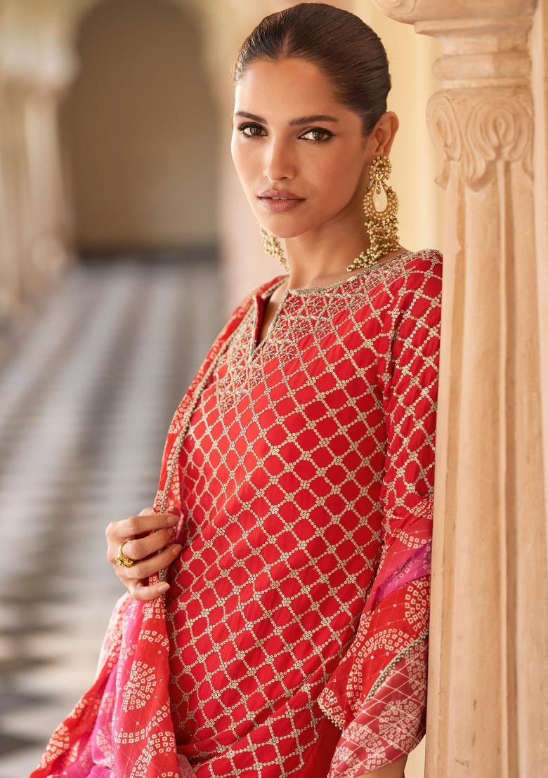 Beige Embroidery Silk Salwar Kameez - Indya