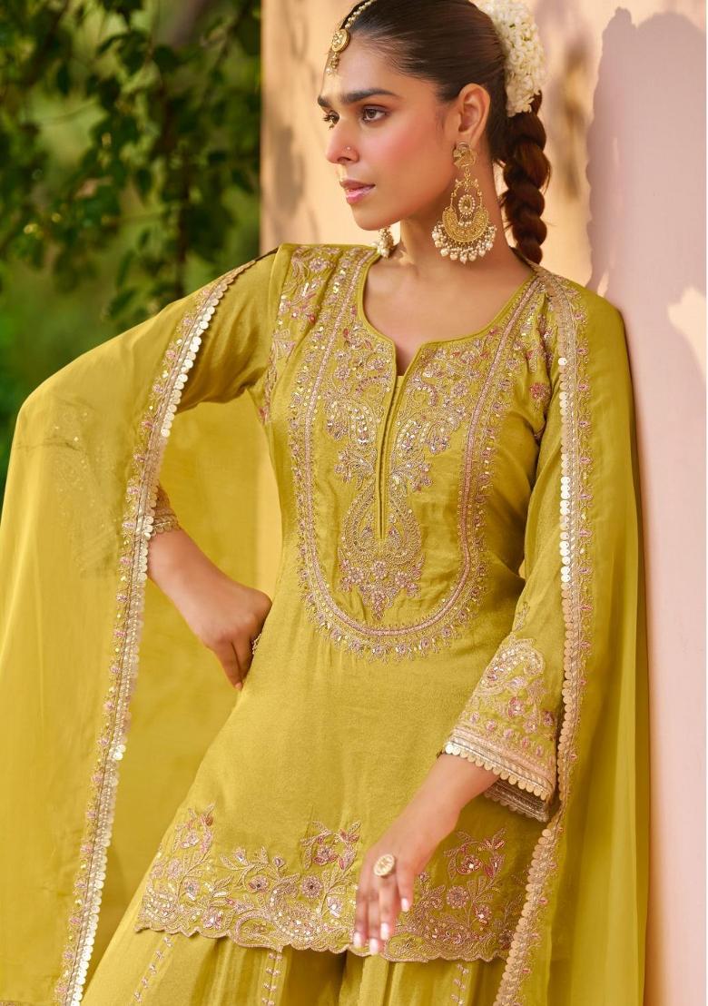Wine Embroidery Chinon Salwar Kameez - Indya
