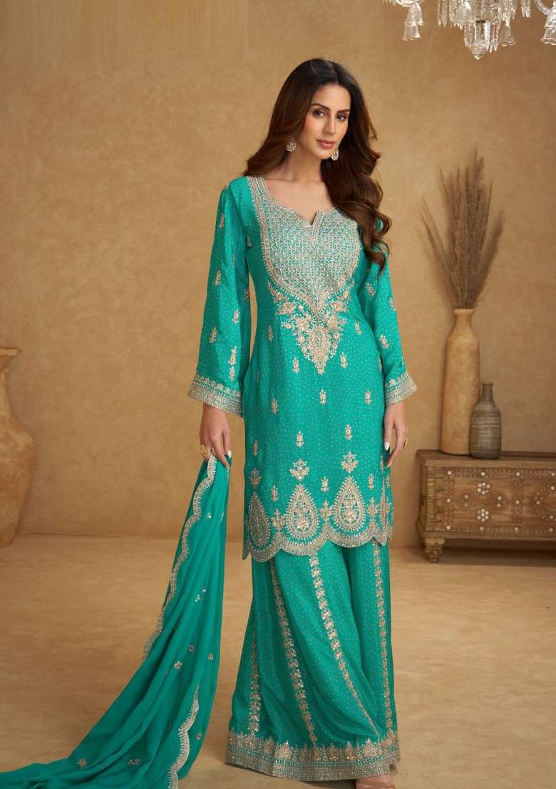Orange Embroidery Chinon Salwar Kameez - Indya