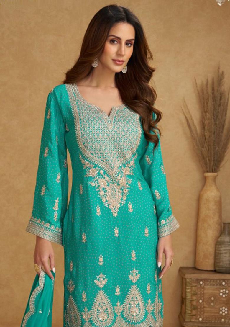 Orange Embroidery Chinon Salwar Kameez - Indya