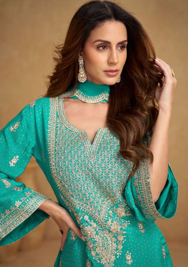 Orange Embroidery Chinon Salwar Kameez - Indya
