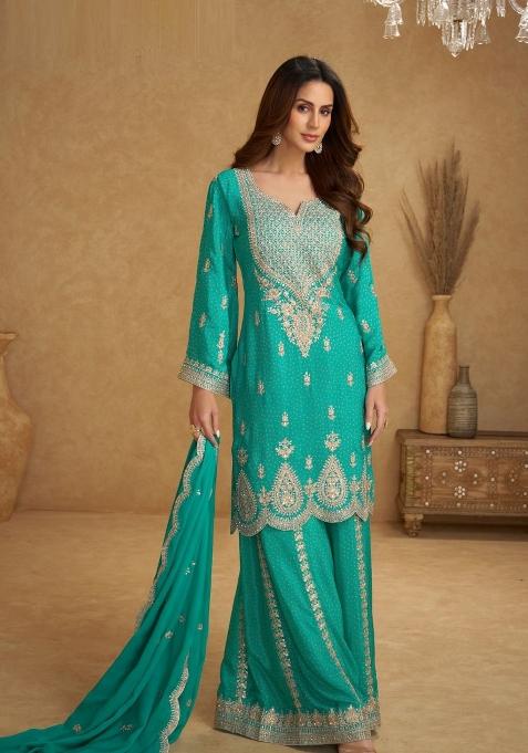 Orange Embroidery Chinon Salwar Kameez
