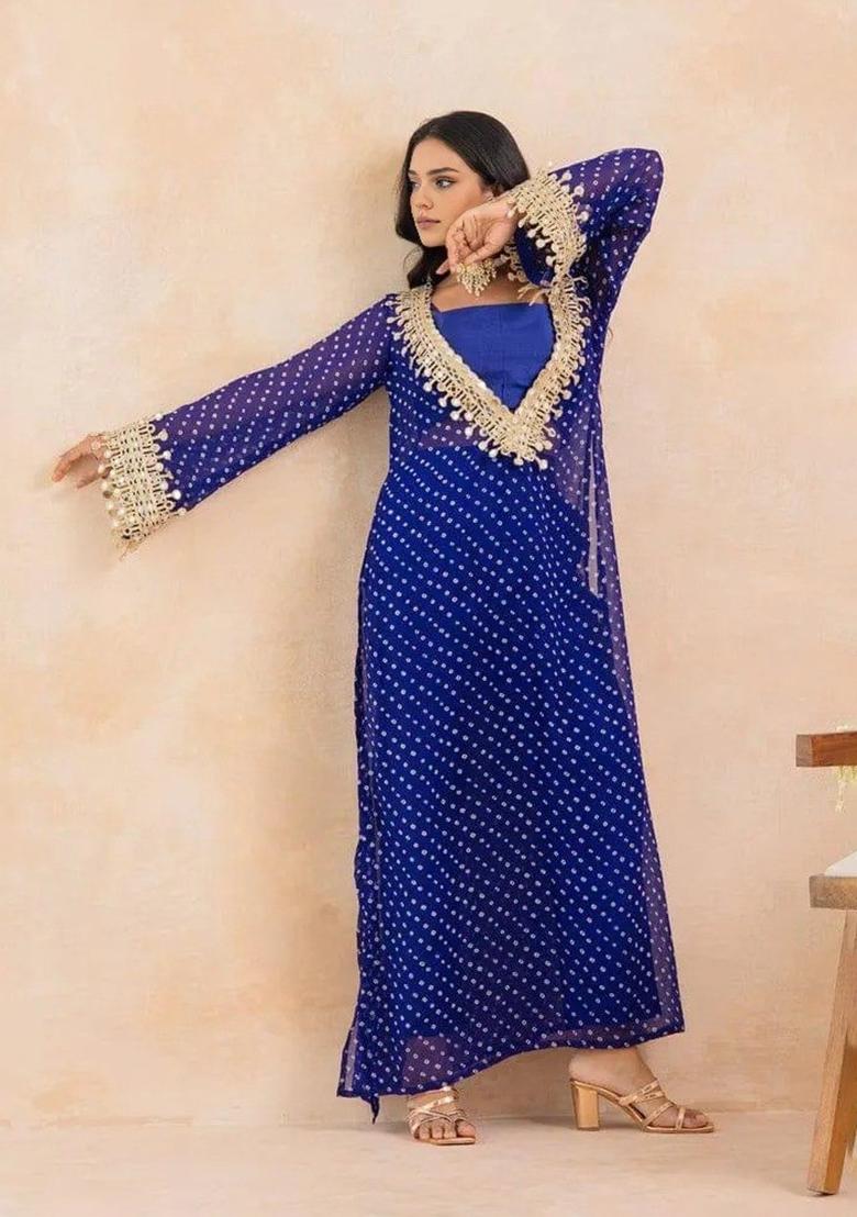 Blue Embroidery Georgette Kurta Set - Indya
