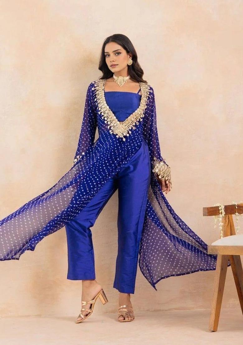 Blue Embroidery Georgette Kurta Set - Indya