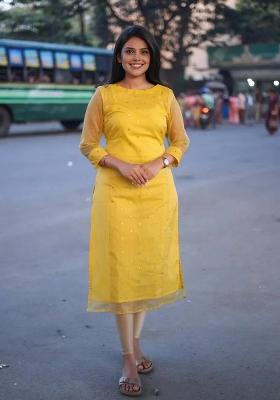 Yellow Embroidery Organza Kurta Set