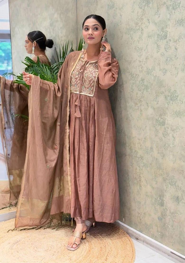 Brown Embroidery Chanderi Anarkali Set - Indya