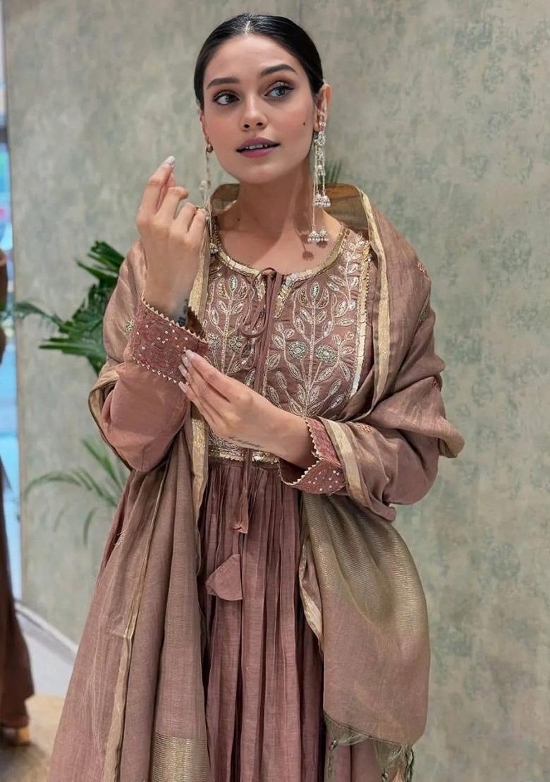 Brown Embroidery Chanderi Anarkali Set - Indya