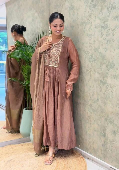 Brown Embroidery Chanderi Anarkali Set