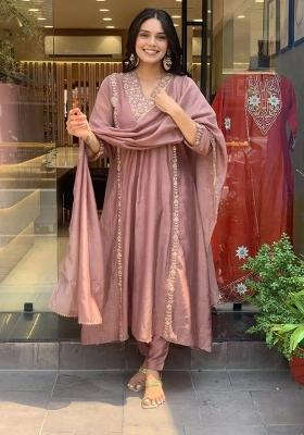 Brown Embroidery Chanderi Kurta Set