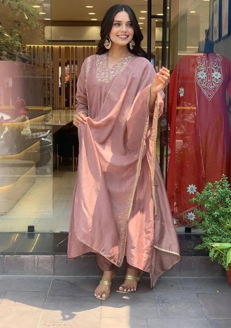 Brown Embroidery Chanderi Kurta Set - Indya