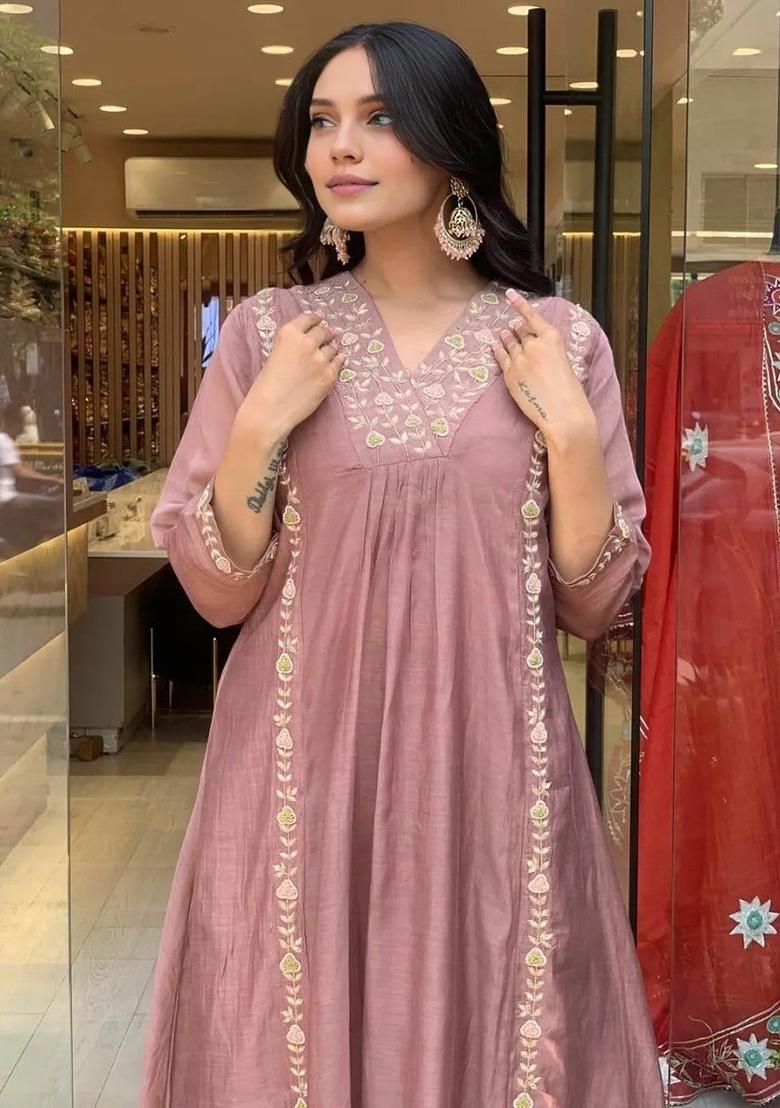 Brown Embroidery Chanderi Kurta Set - Indya