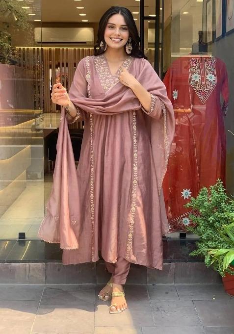 Brown Embroidery Chanderi Kurta Set